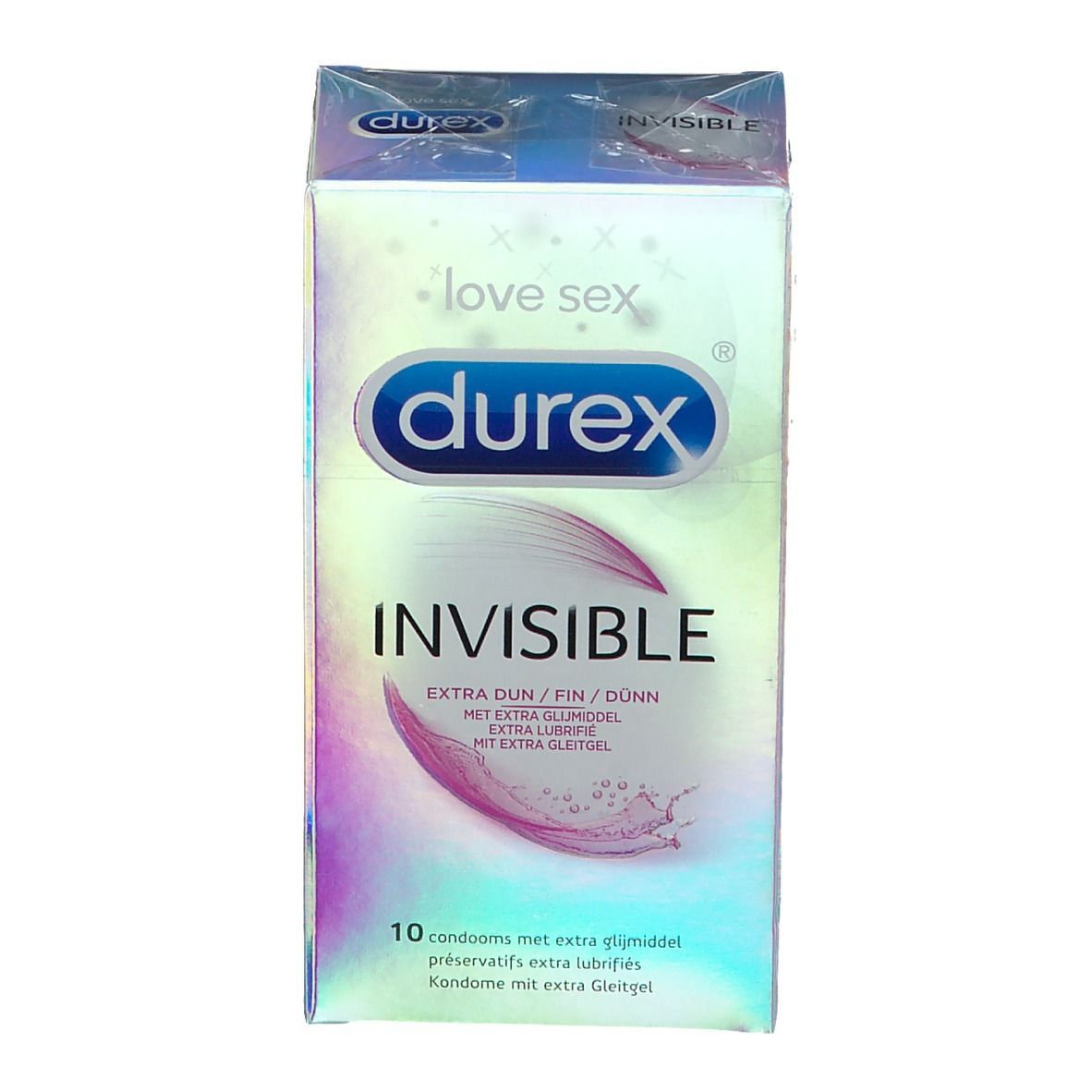 Face avant de la boîte de préservatifs Durex Invisible Extra Dünn. Contient 10 préservatifs. Emballage holographique.