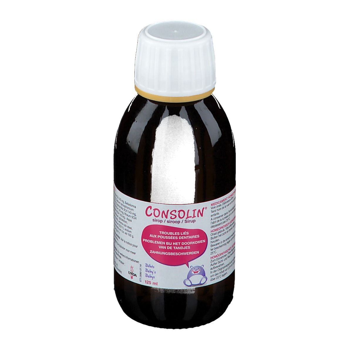 Bruine fles met witte dop. Etiket met productnaam en tekst. 125 ml.