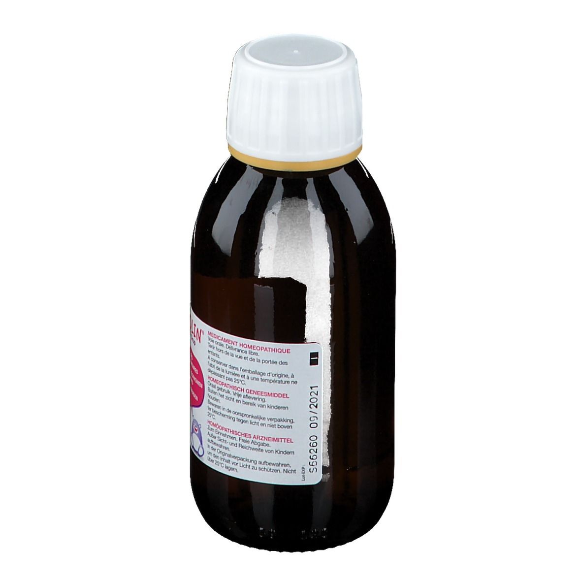 Bruine fles met witte dop. Etiket met productinformatie. 125 ml.