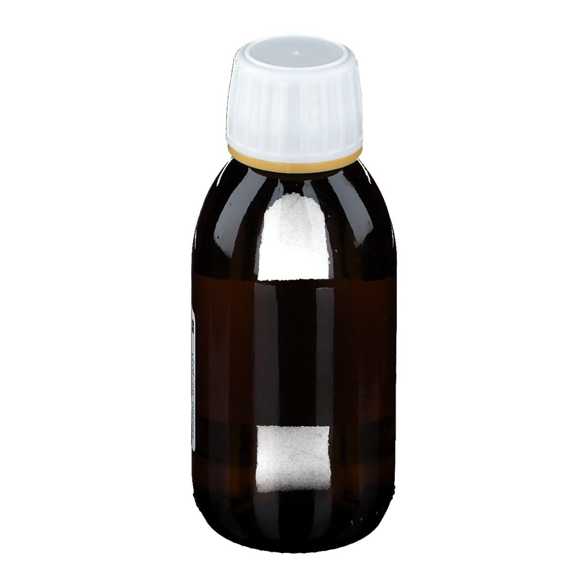Bruine fles met witte dop. Etiket met productinformatie. 125 ml.