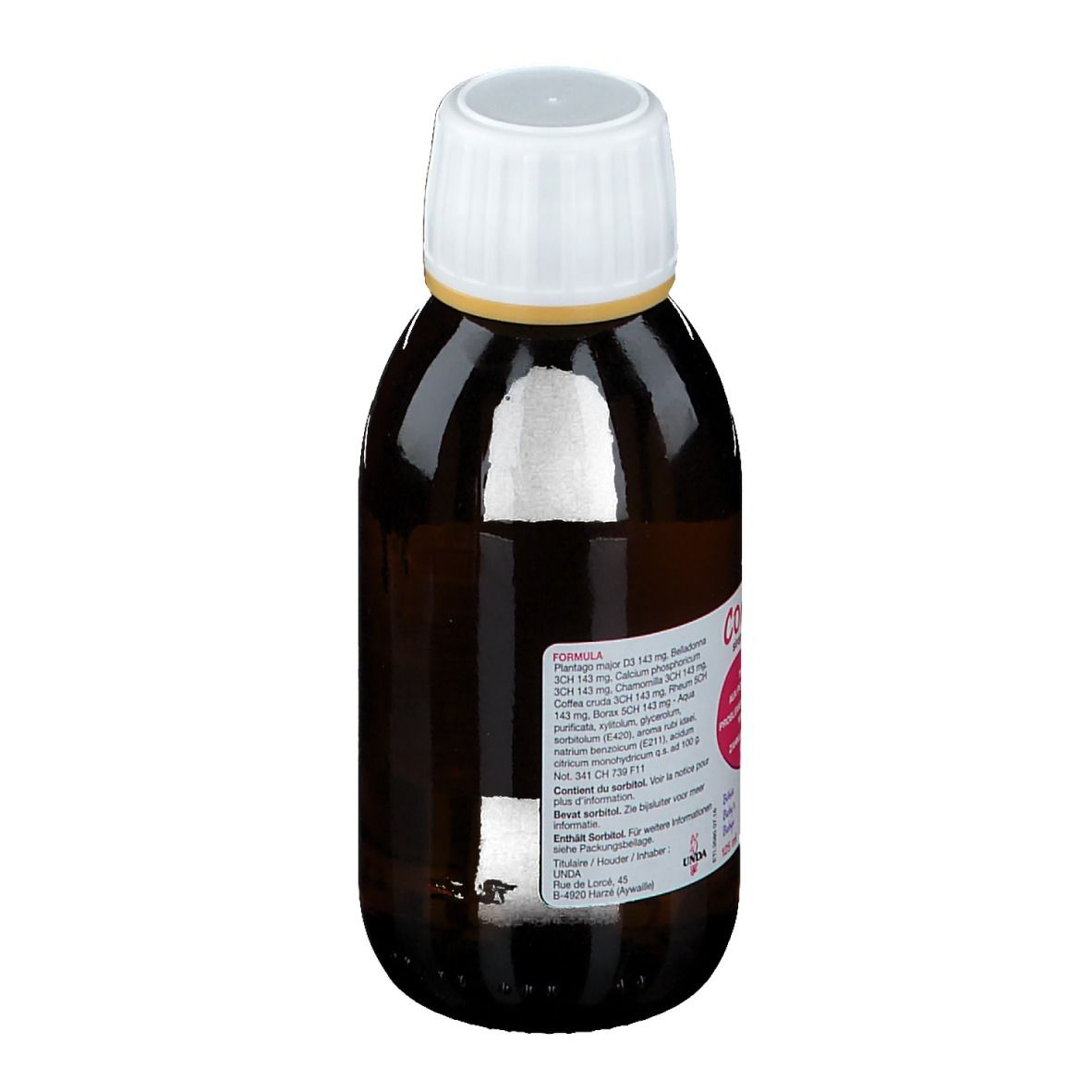 Bruine fles met witte dop. Etiket met productinformatie. 125 ml.