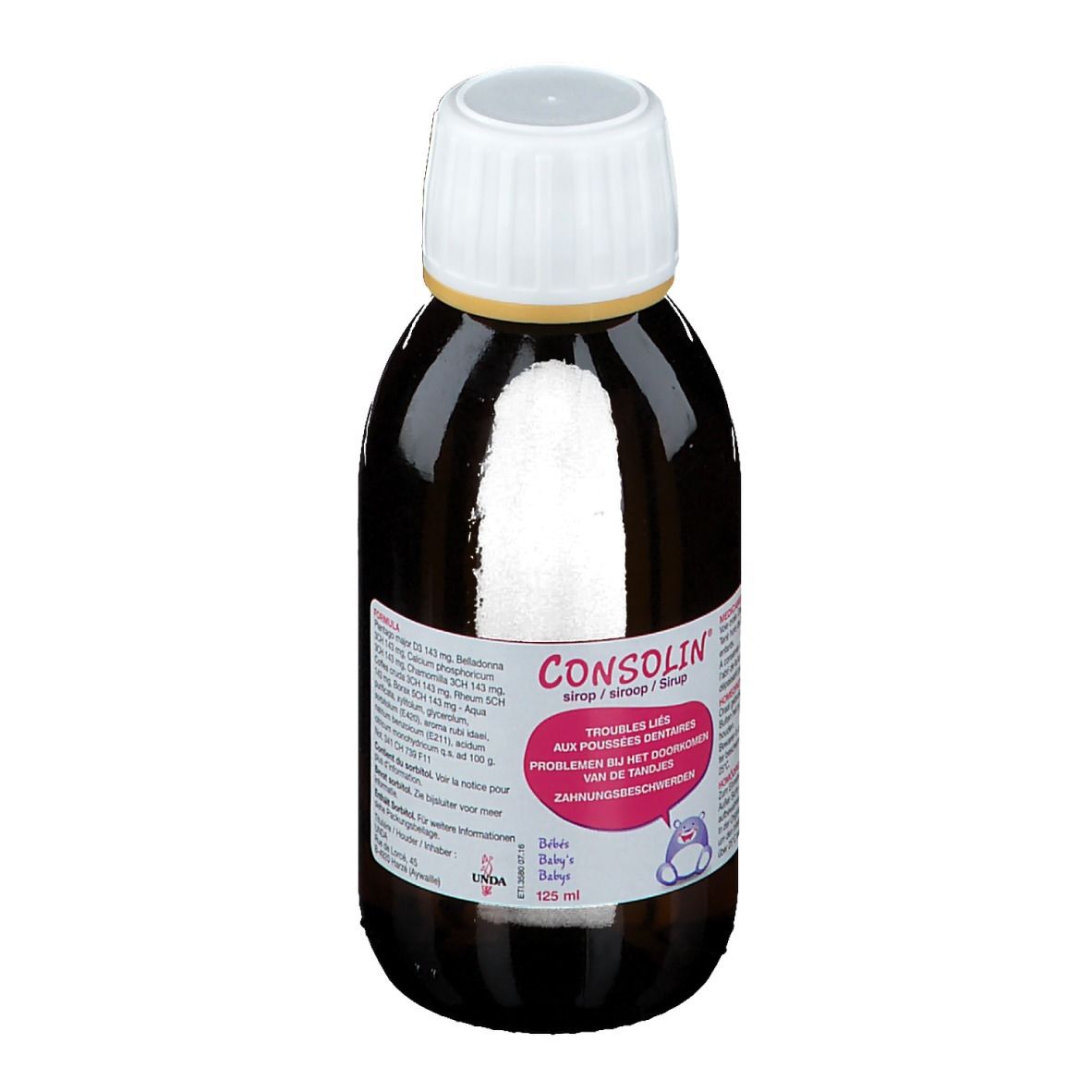 Bruine fles met witte dop. Etiket met productnaam en tekst. 125 ml.