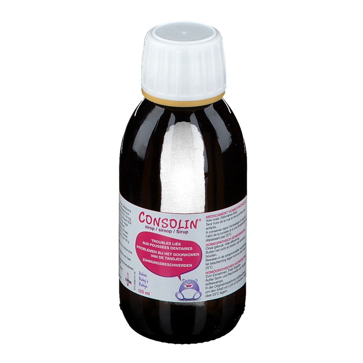 Bruine fles met witte dop. Etiket met productnaam en tekst. 125 ml.