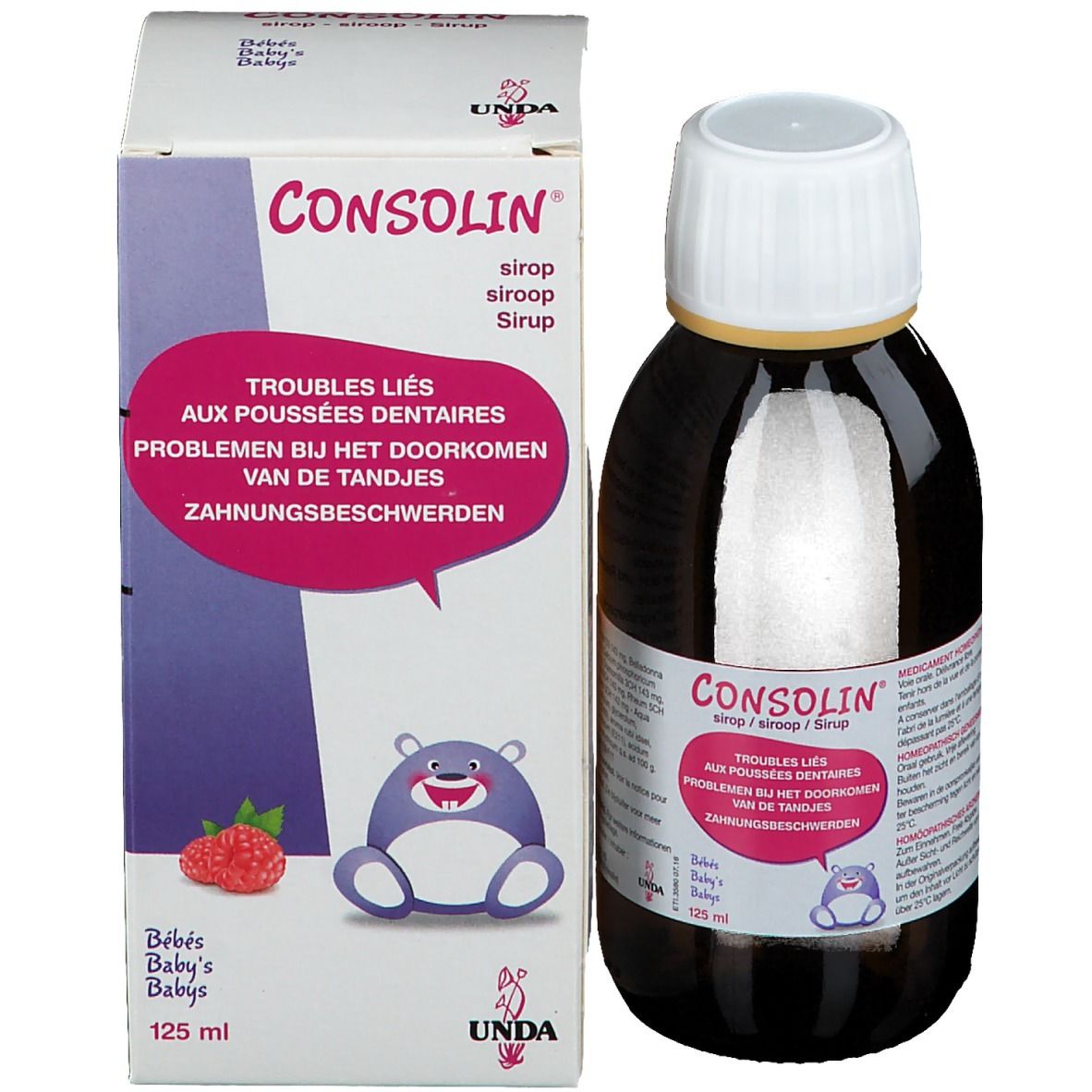 Productfles en verpakking. Verpakking met productnaam en tekst. 125 ml.