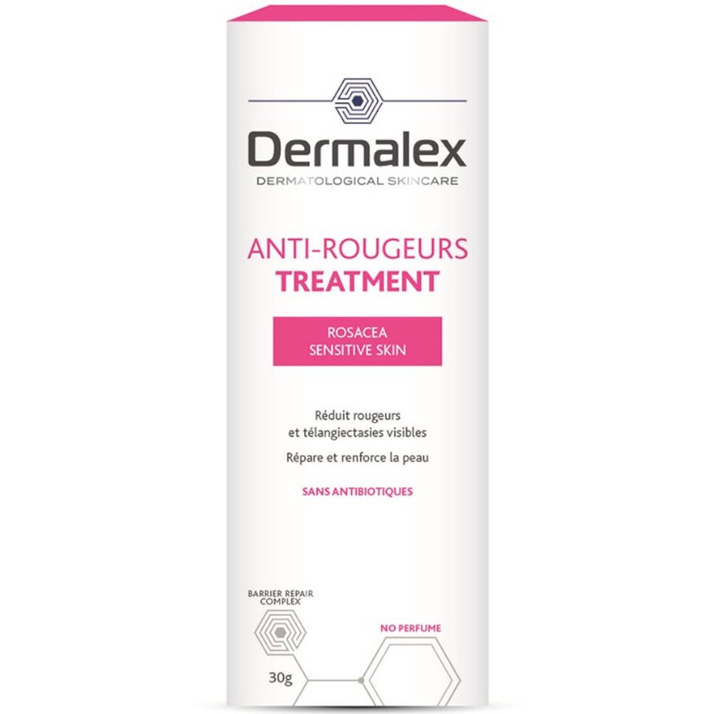 Zylindrische Tube mit Dermalex-Logo und Aufschrift 'ANTI-ROUGEURS TREATMENT'. Rosa Akzent. 30g.