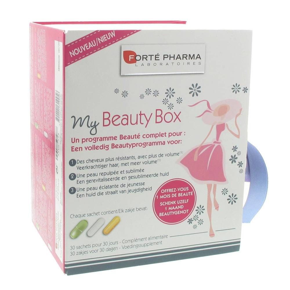 Verpackung von Forté Pharma Beauty Box. Weißer Karton mit Produktnamen und Illustration einer Frau. Enthält 30 Sachets.