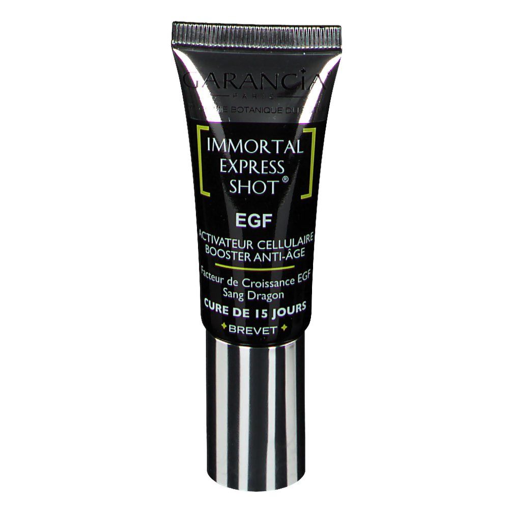 Tube noir avec bouchon argenté. Inscription: Immortal Express Shot, EGF, Activateur Cellulaire Booster Anti-Âge. Marque Garancia.