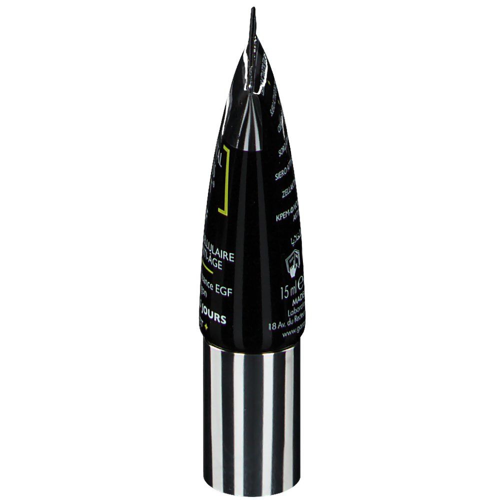 Tube noir, pointu. Bouchon argenté. Inscription: Activateur Cellulaire Booster Anti-Âge. 15 ml.