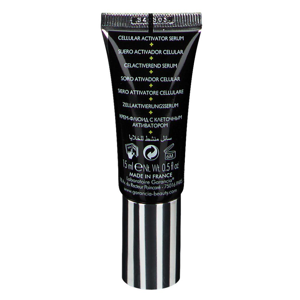 Dos du tube noir. Inscription: Cellular Activator Serum, 15 ml, 0.5 fl oz. Fabriqué en France. Marque Garancia.