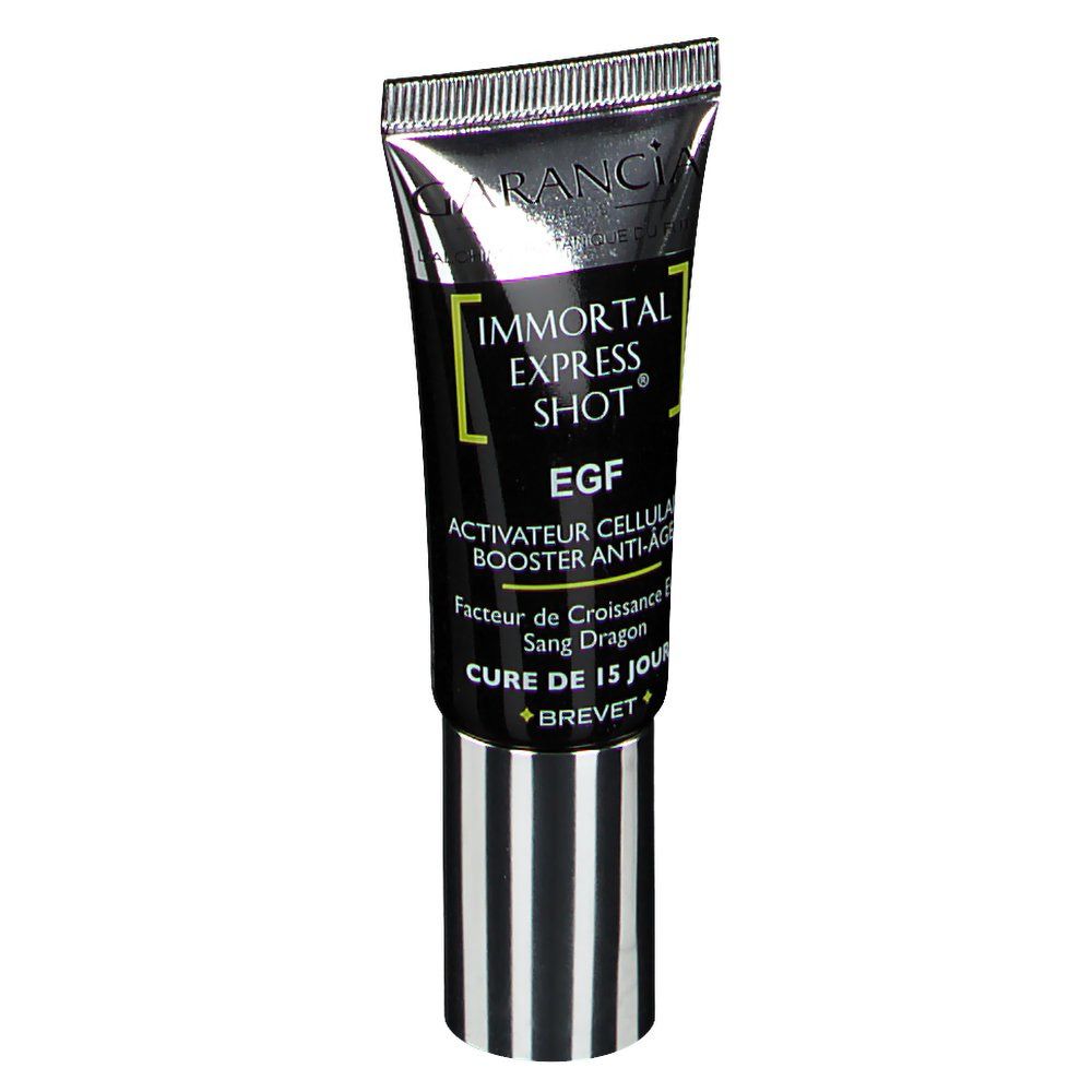 Tube noir avec bouchon argenté. Inscription: Immortal Express Shot, EGF, Activateur Cellulaire Booster Anti-Âge. Marque Garancia.