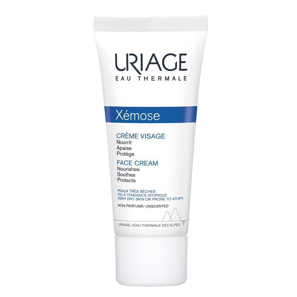 Tube blanc. Uriage, Xémose Crème Visage. Texte en français. Pour peaux sèches.