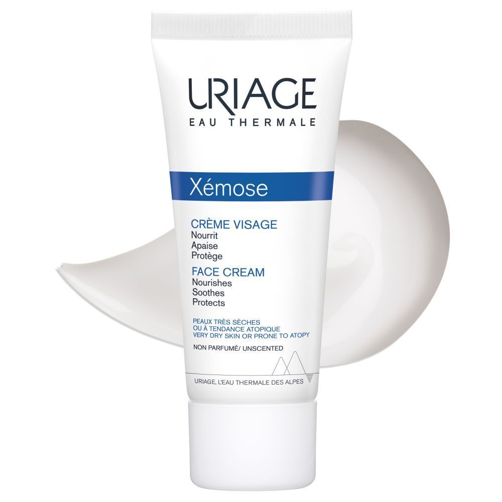 Witte tube. Uriage, Xémose Crème Visage. Tekst in het Nederlands. Voor droge huid.