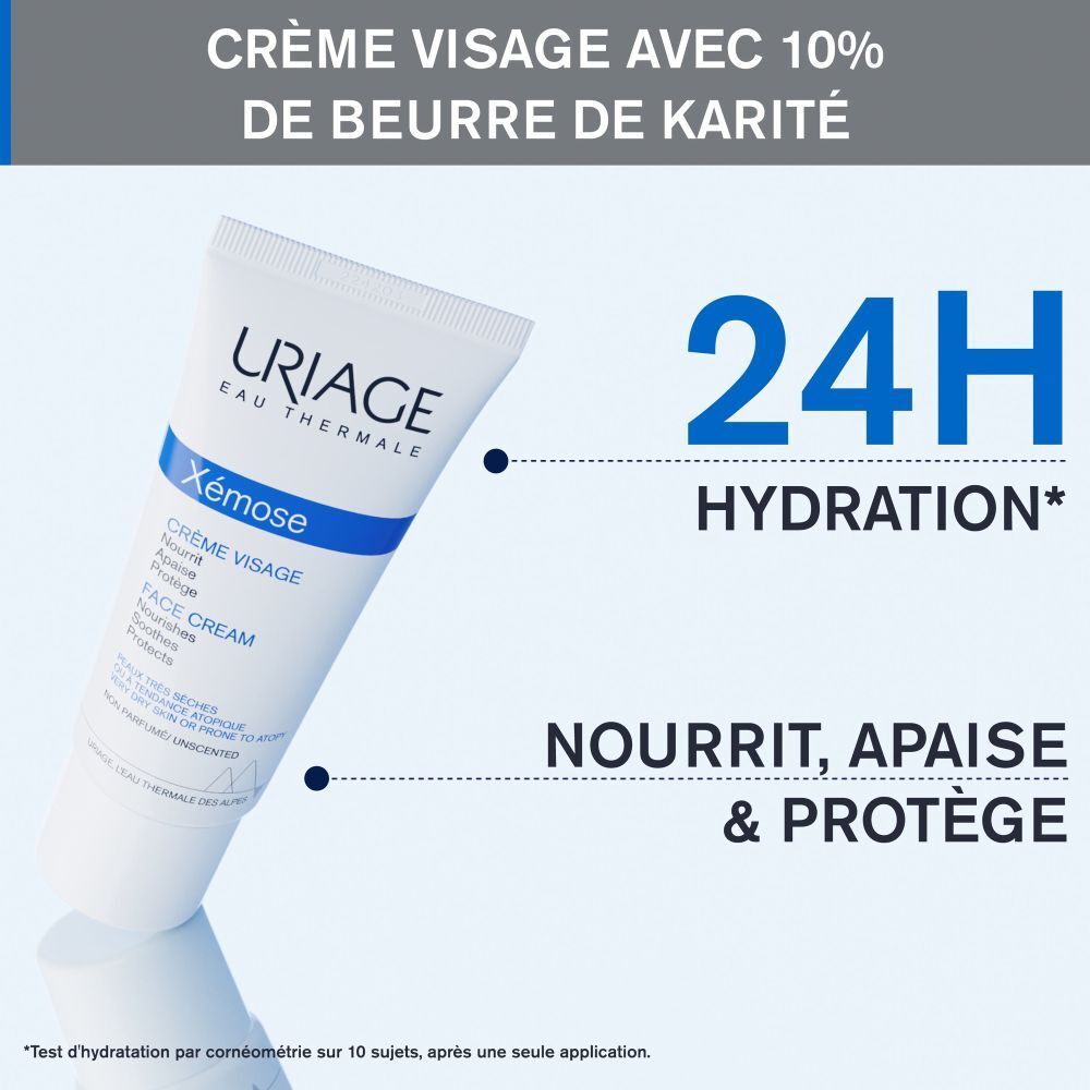 Tube blanc. Uriage, Xémose Crème Visage. Texte en français. Pour peaux sèches.