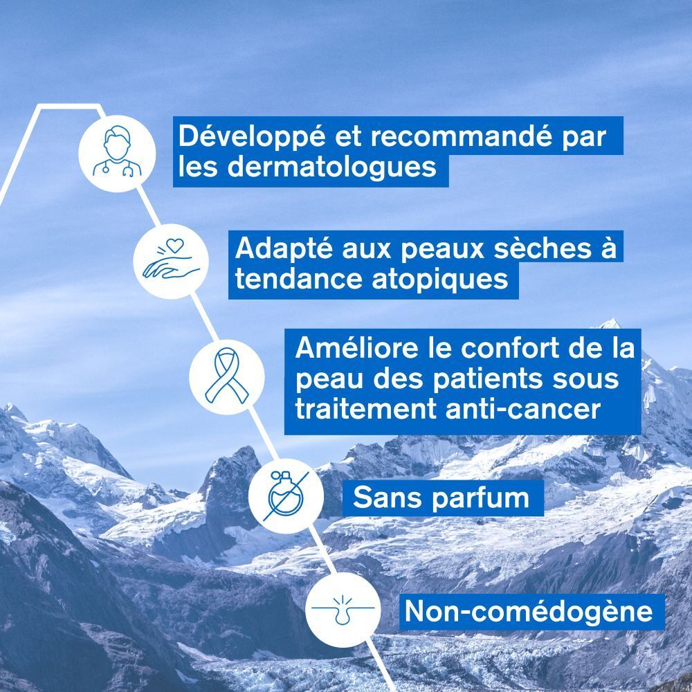 Boîte blanche. Texte en français. Informations d'utilisation. Pour peaux sèches.