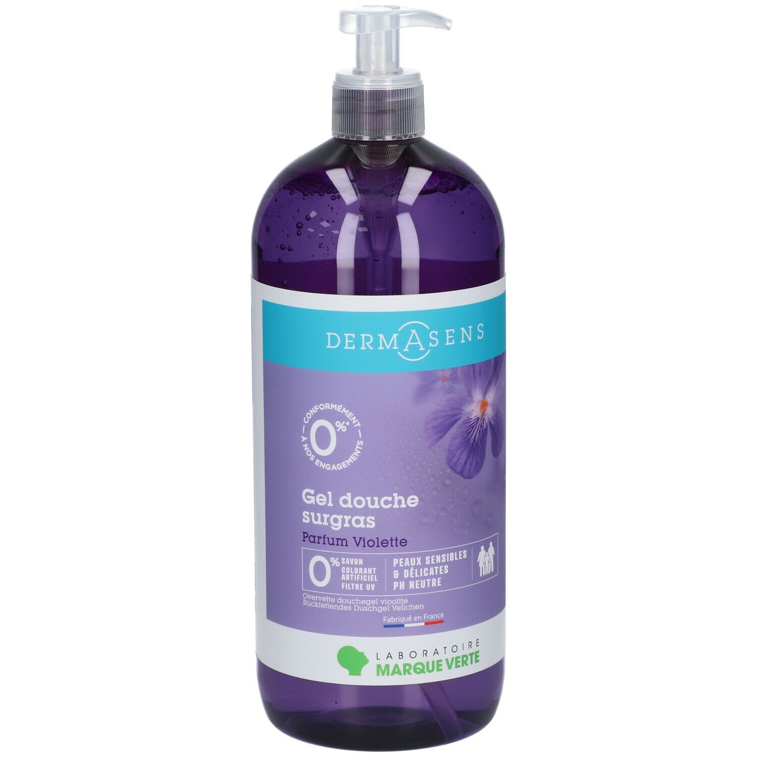 Paarse douchegel fles. Opschrift: DermAsens, Gel douche surgras, Parfum Violette. Met pompje.