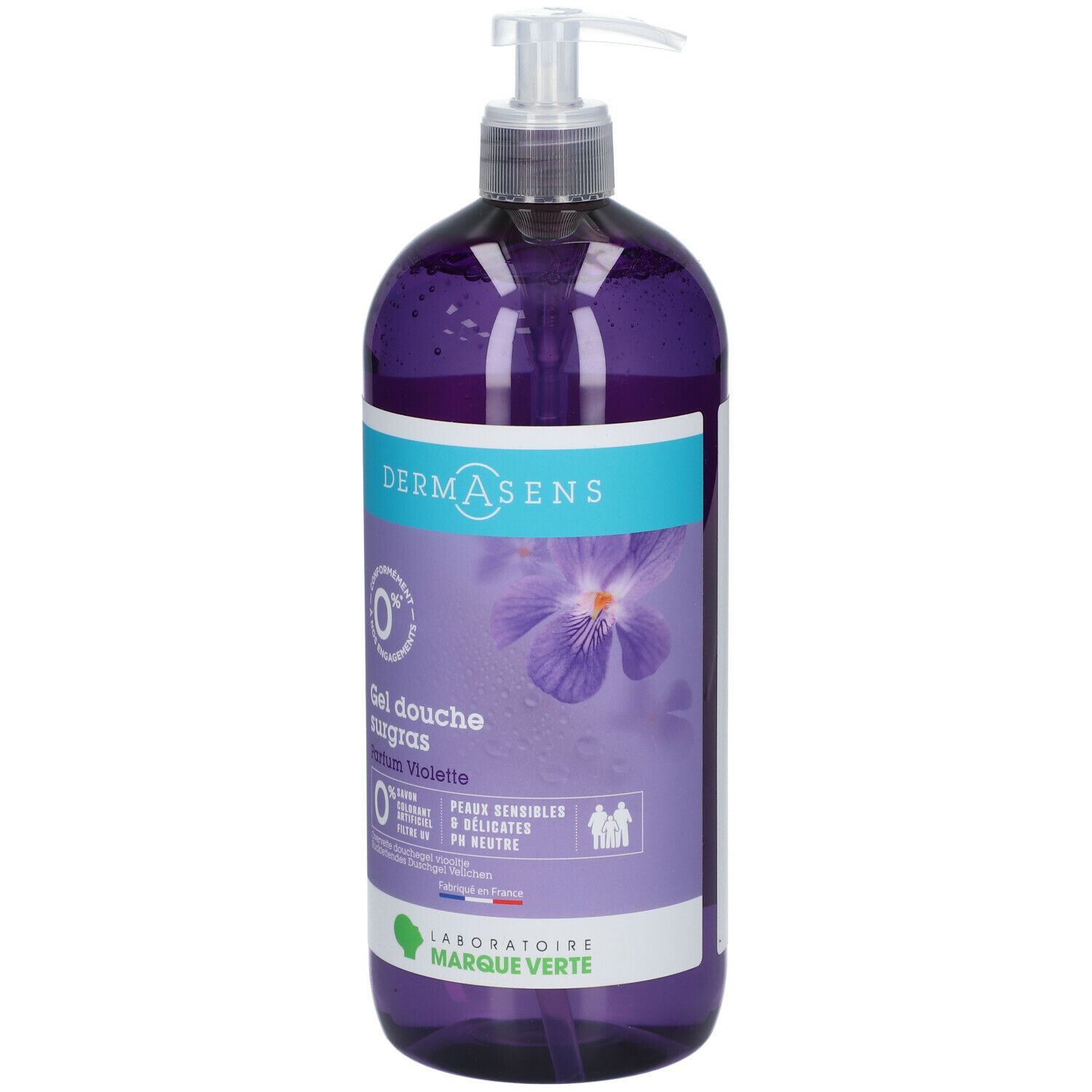Paarse douchegel fles. Opschrift: DermAsens, Gel douche surgras, Parfum Violette. Met pompje.