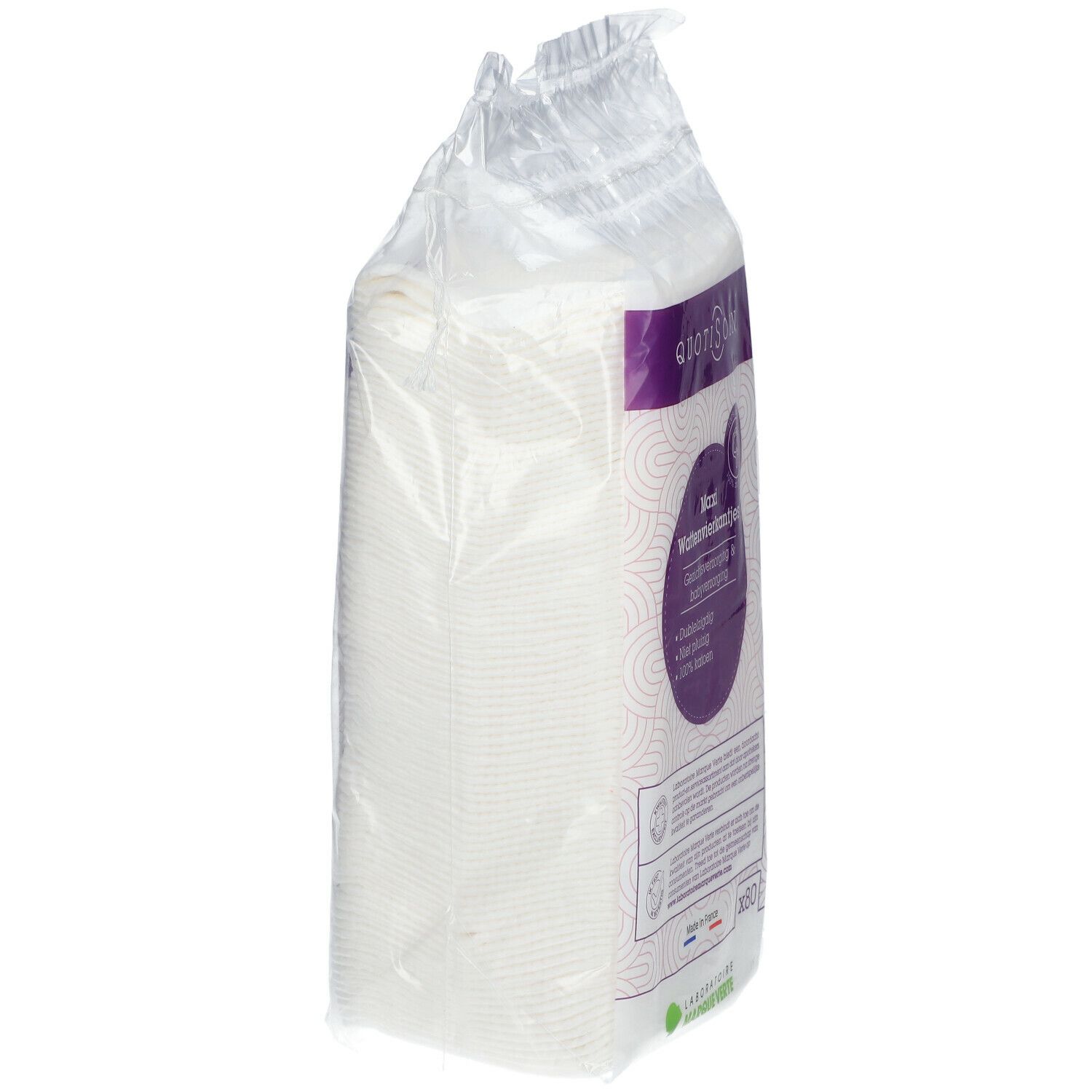 Vue latérale d'un paquet de carrés coton. Texte: Quotisoin, Maxi carrés coton. Laboratoire Marque Verte.