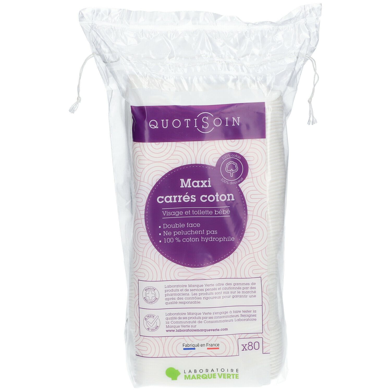 Paquet de carrés coton Quotisoin. Texte: Maxi carrés coton, visage et toilette bébé, 80 pièces. Laboratoire Marque Verte.