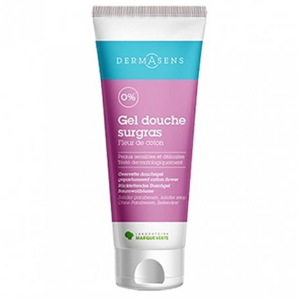 Tube de gel douche surgras, blanc, turquoise et rose, avec texte et logo. Indication "0%".