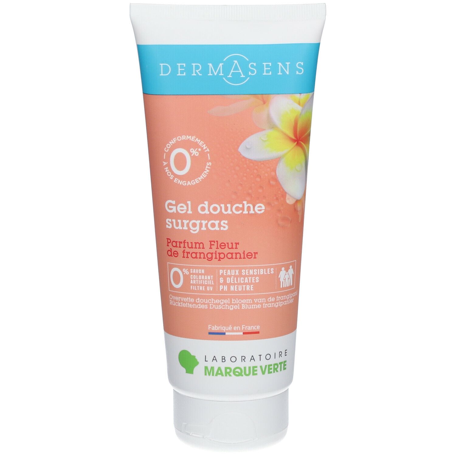 Tube de gel douche rose et blanc. Texte: Gel douche surgras, Parfum Fleur de frangipanier. Logo: Laboratoire Marque Verte.