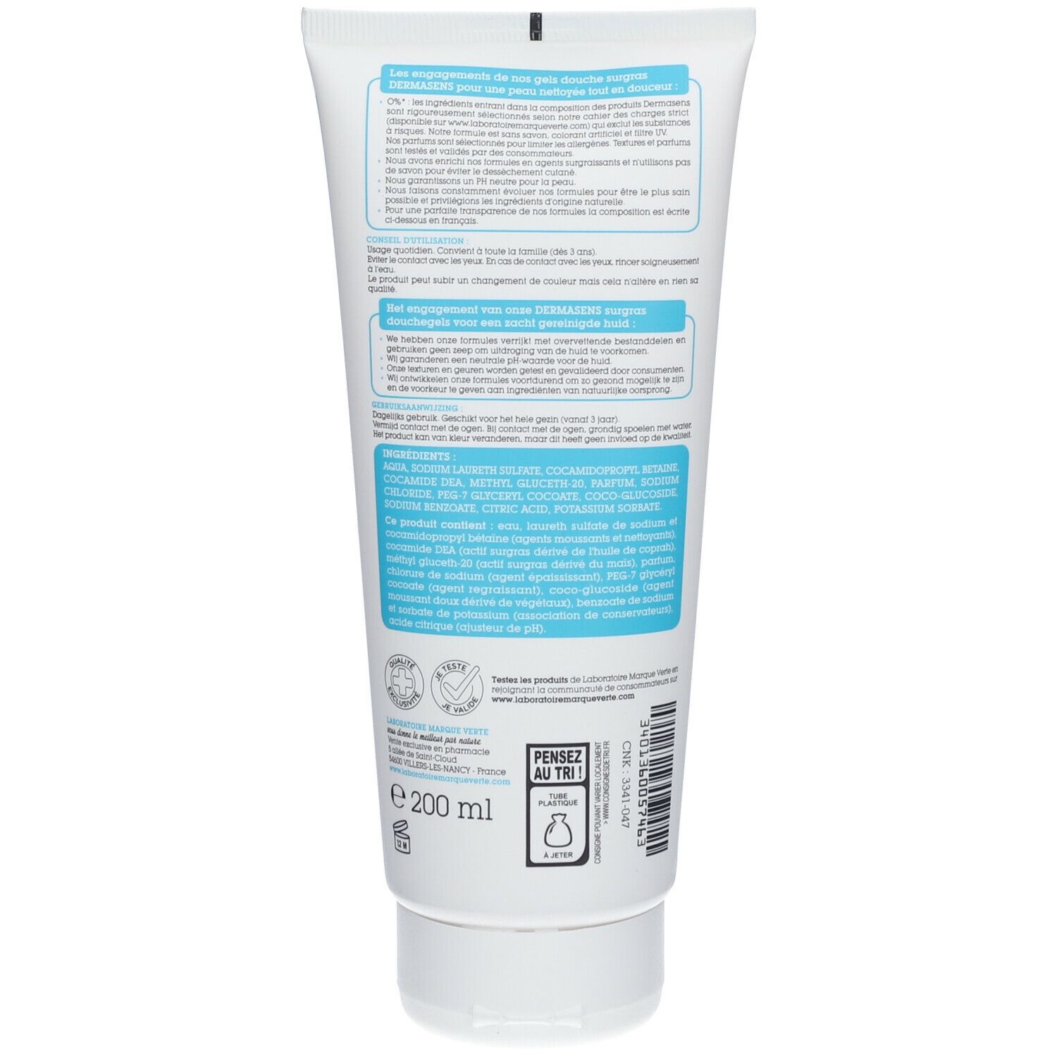 Dos du tube de gel douche. Texte et ingrédients multilingues. Logo: Pensez au tri.