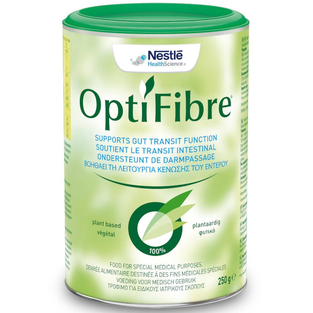 Groene OptiFibre-doos. Tekst: Ondersteunt de darmpassage. 250g. Nestle HealthScience logo. Plantaardig.