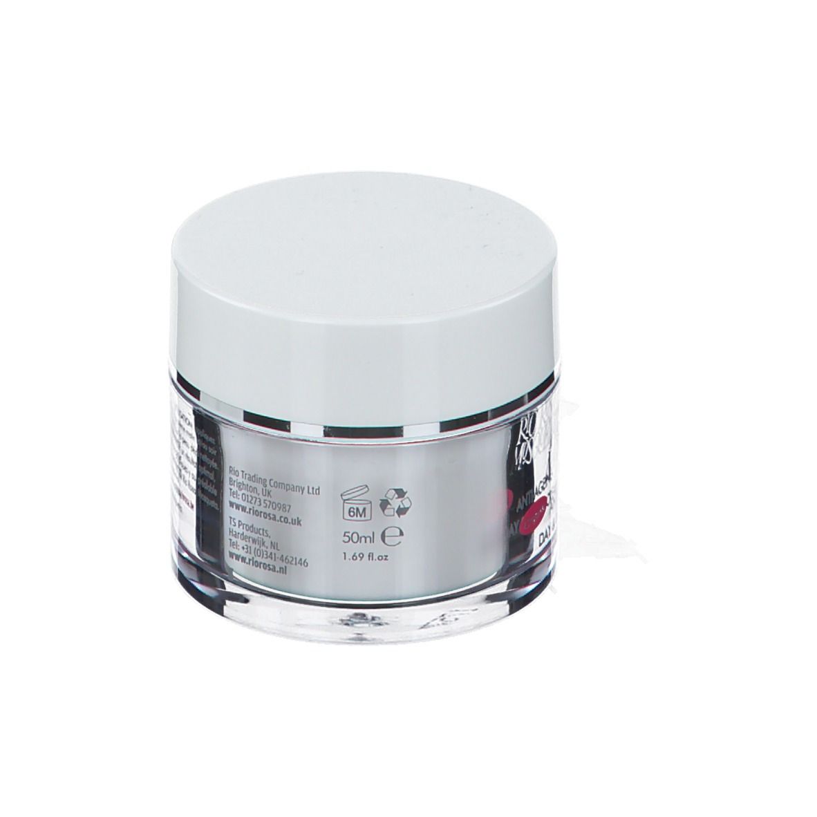 Achterkant van de crèmepot met witte deksel. Tekst met ingrediënten en volume-aanduiding 50ml.