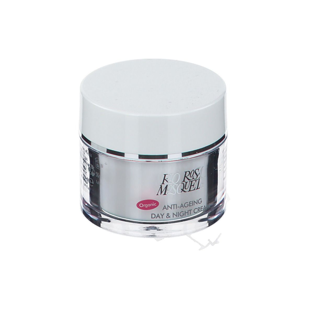 Crèmepot met witte deksel. Etiket met "Rio Rosa Mosqueta" en "Anti-Ageing Day & Night Cream".