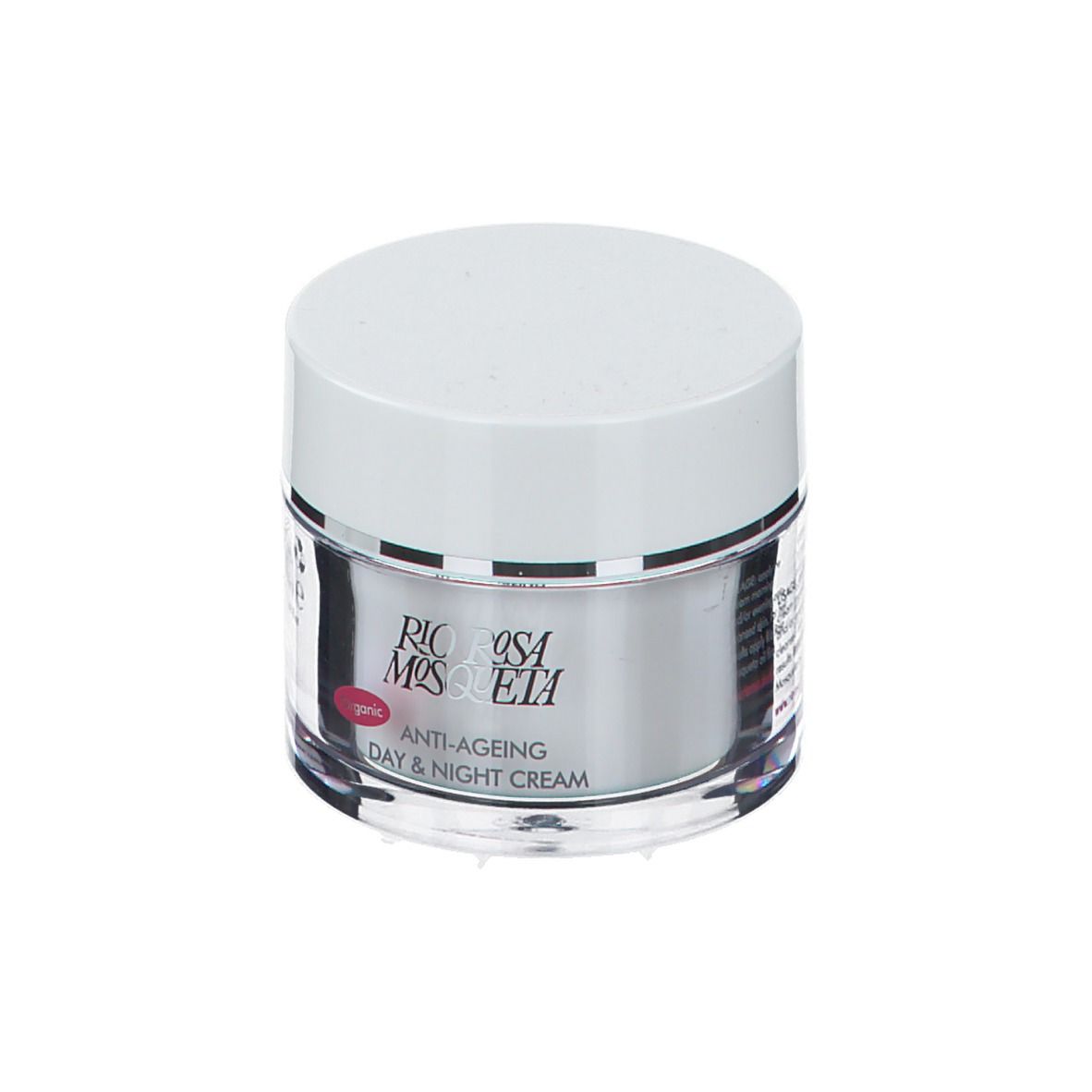 Crèmepot met witte deksel. Etiket met "Rio Rosa Mosqueta" en "Anti-Ageing Day & Night Cream".