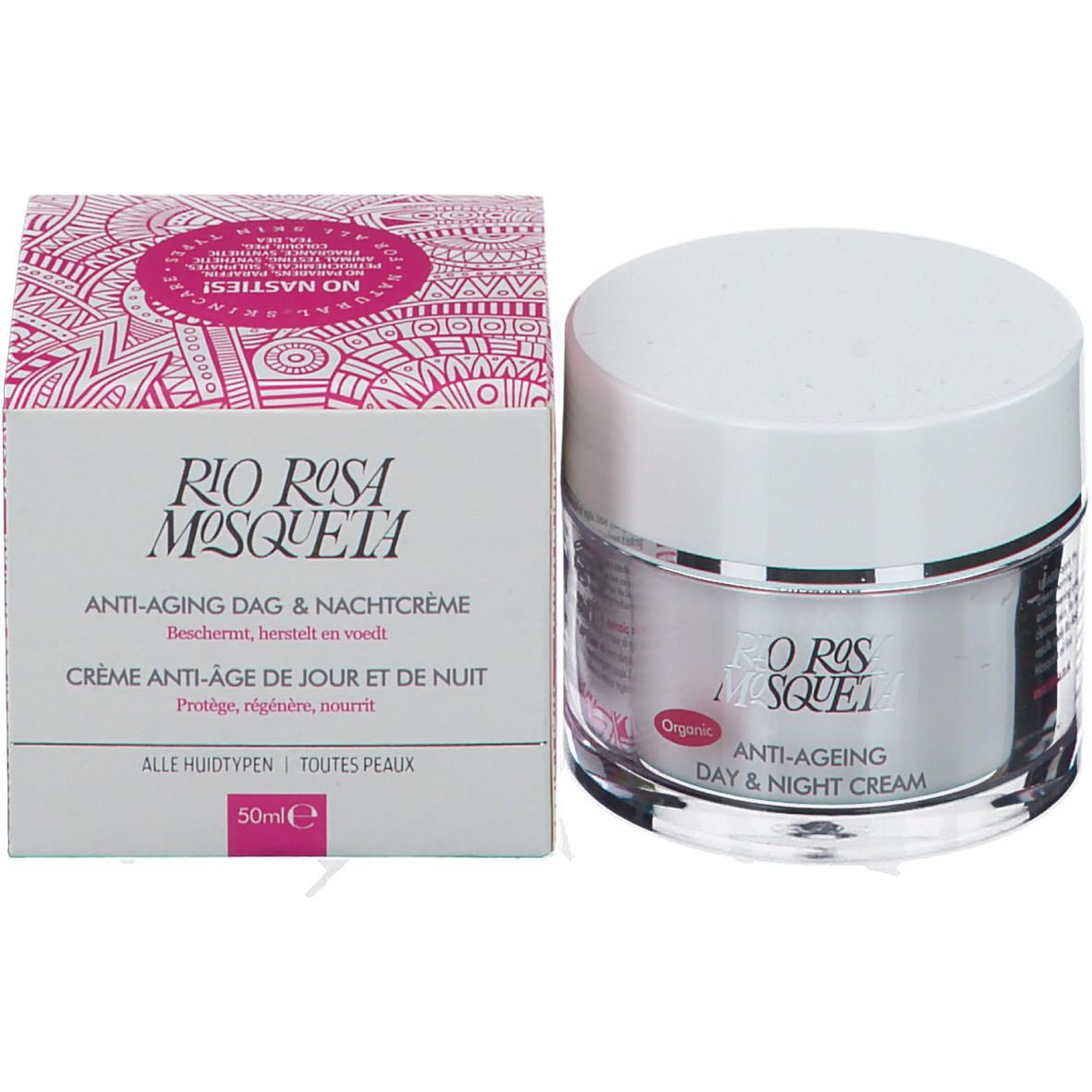Crèmepot met witte deksel en verpakking. Op de verpakking staat "Rio Rosa Mosqueta" en "Anti-Aging Dag & Nachtcrème".