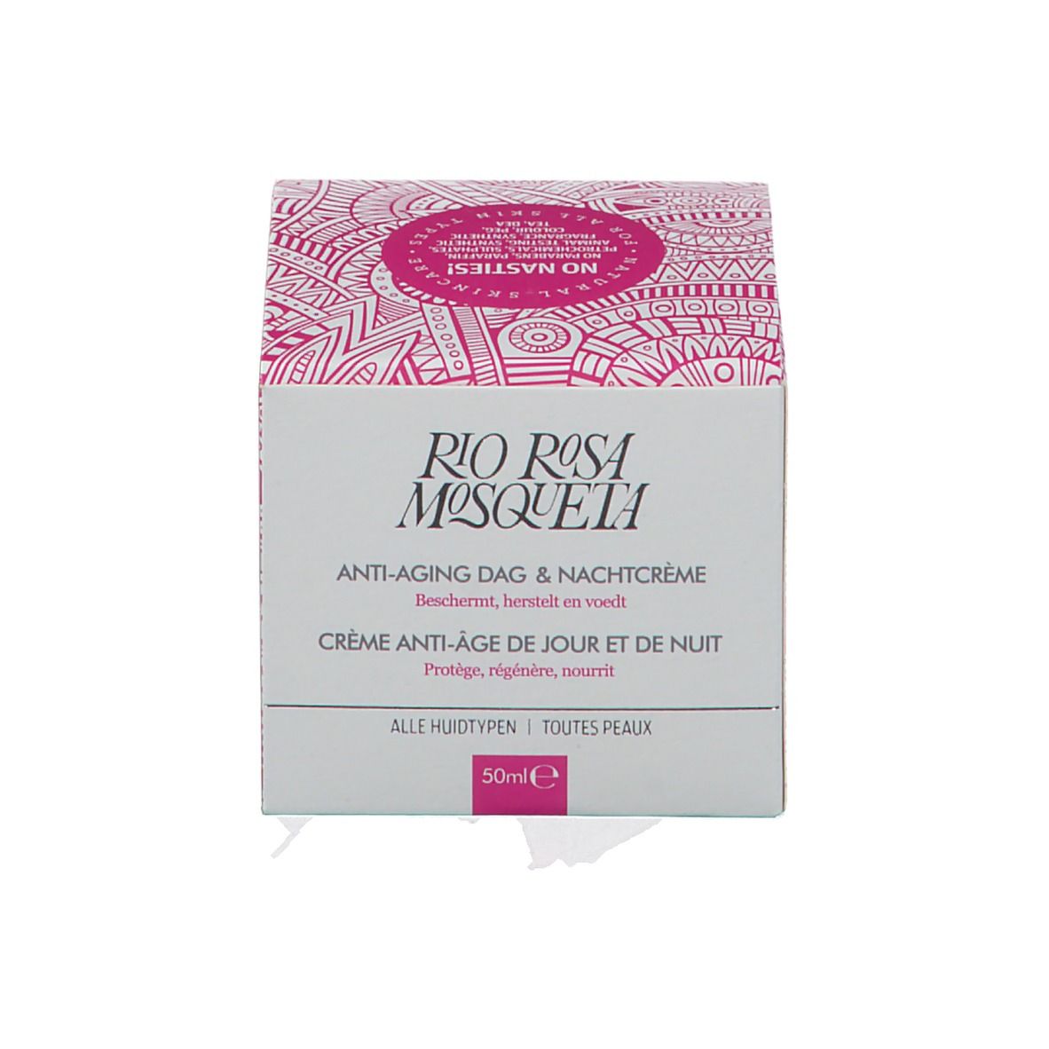 Verpakking met tekst: "Rio Rosa Mosqueta" en "Anti-Aging Dag & Nachtcrème".