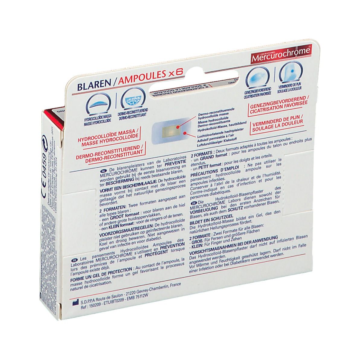 Dos de la boîte Mercurochrome Blaren Ampoules. Informations et mode d'emploi.