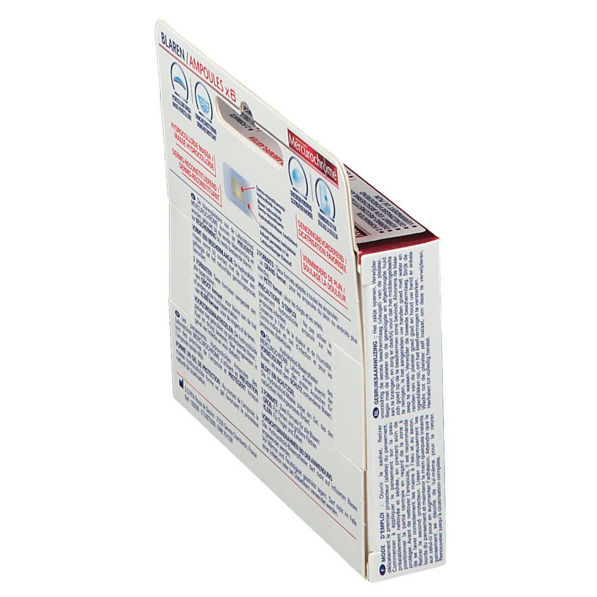 Dos de la boîte Mercurochrome Blaren Ampoules. Informations et mode d'emploi.