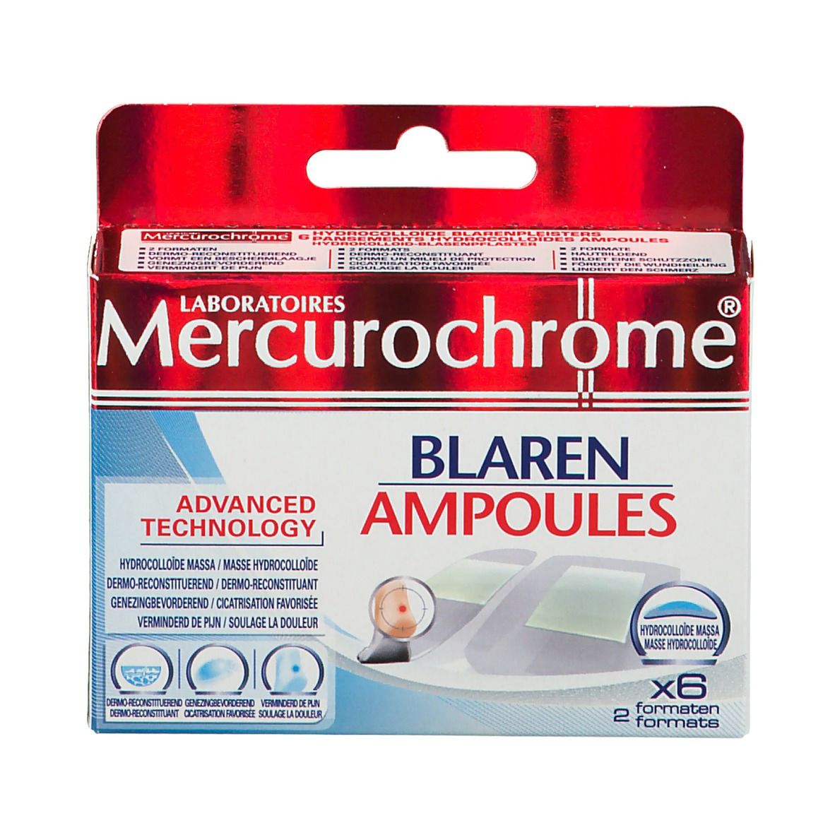 Boîte Mercurochrome Blaren Ampoules. 6 formats, 2 tailles. Pansements hydrocolloïdes.