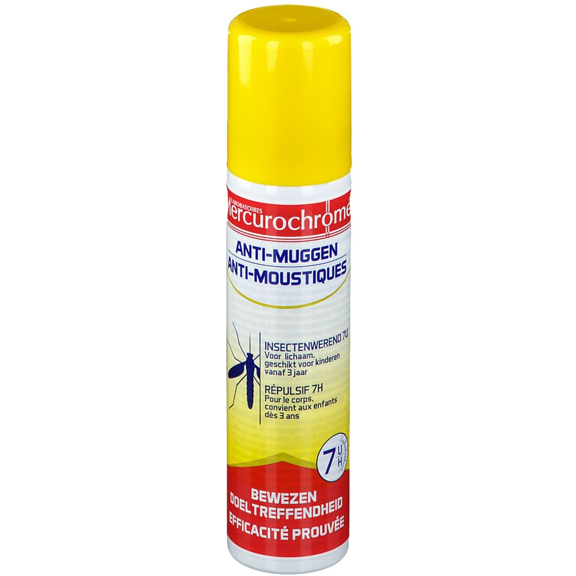 Bombe aérosol jaune avec texte rouge et blanc. Contient un répulsif anti-moustiques. Avec bouchon jaune.