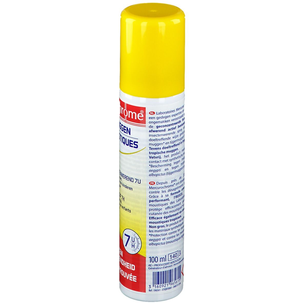 Dos de la bombe aérosol jaune avec texte. Contient des informations sur le produit et des avertissements.