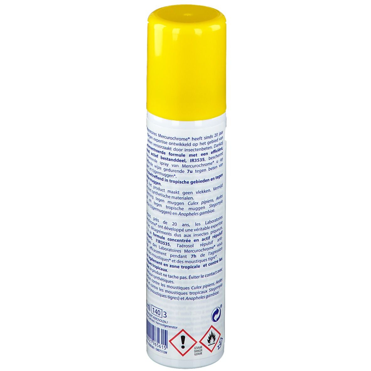 Dos de la bombe aérosol jaune avec texte. Contient des informations sur le produit et des avertissements.