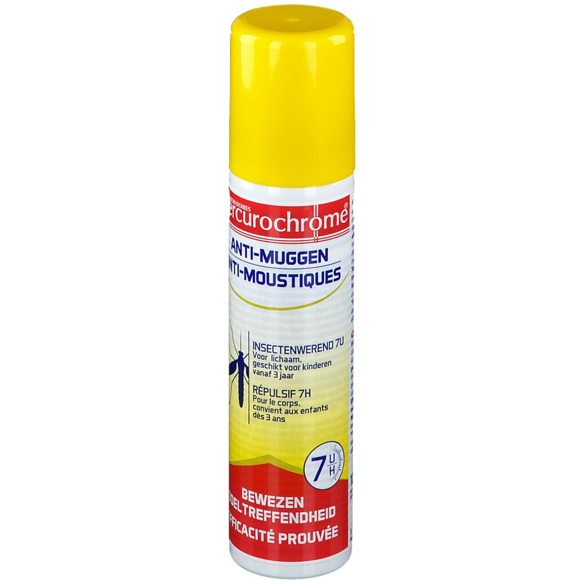 Bombe aérosol jaune avec texte rouge et blanc. Contient un répulsif anti-moustiques. Avec bouchon jaune.