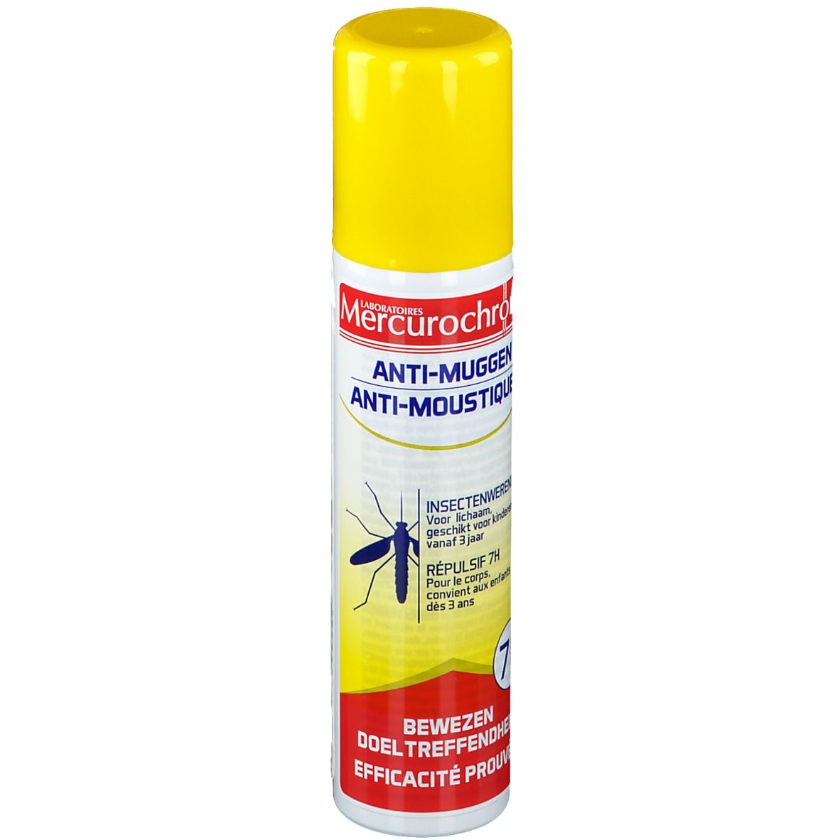 Bombe aérosol jaune avec texte rouge et blanc. Contient un répulsif anti-moustiques. Avec bouchon jaune.