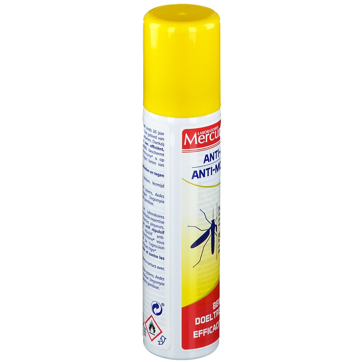 Bombe aérosol jaune avec texte rouge et blanc. Contient un répulsif anti-moustiques. Avec bouchon jaune.