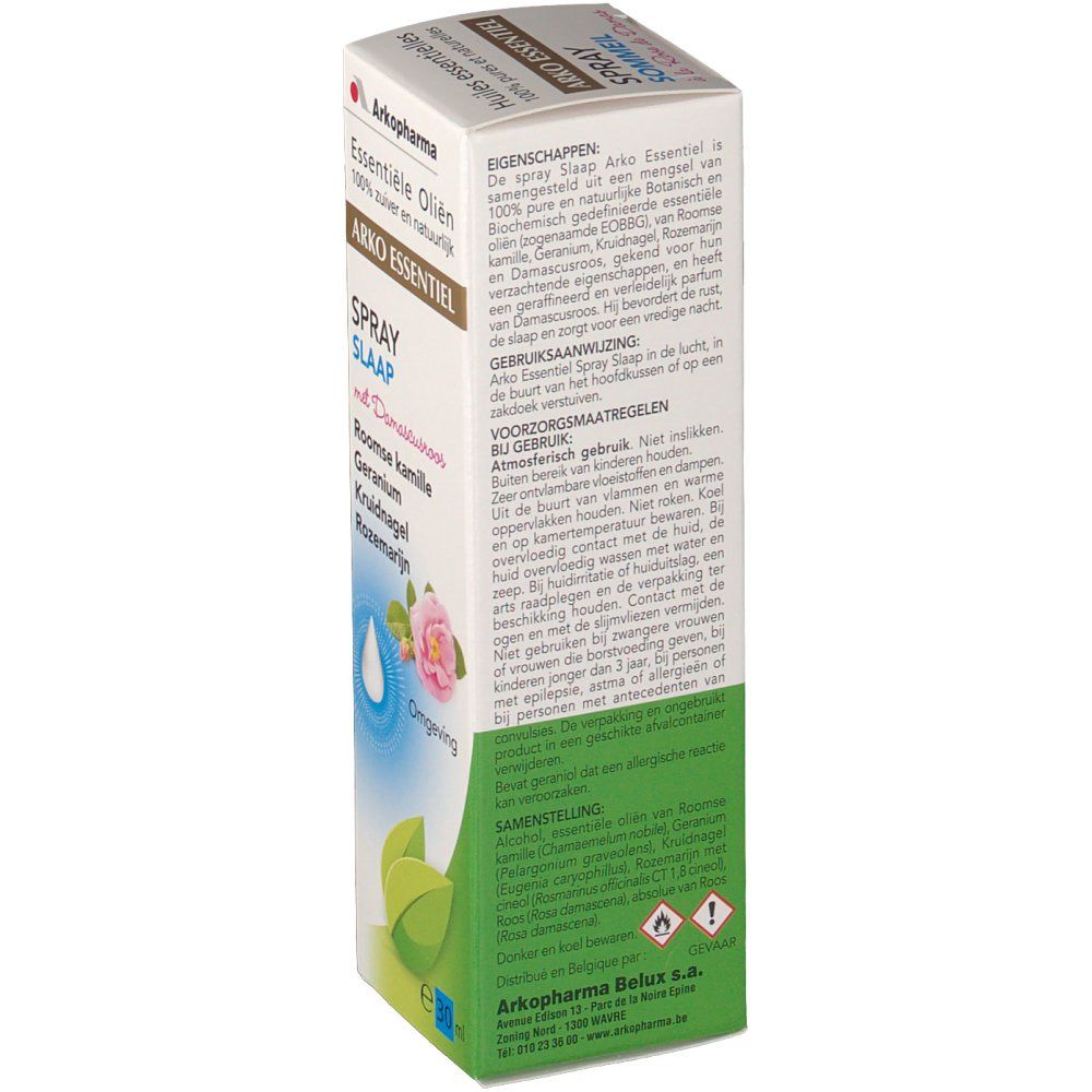 Zijaanzicht van de kartonnen verpakking. Tekstinformatie over het product, ingrediënten en voorzorgsmaatregelen. Logo van Arkopharma.