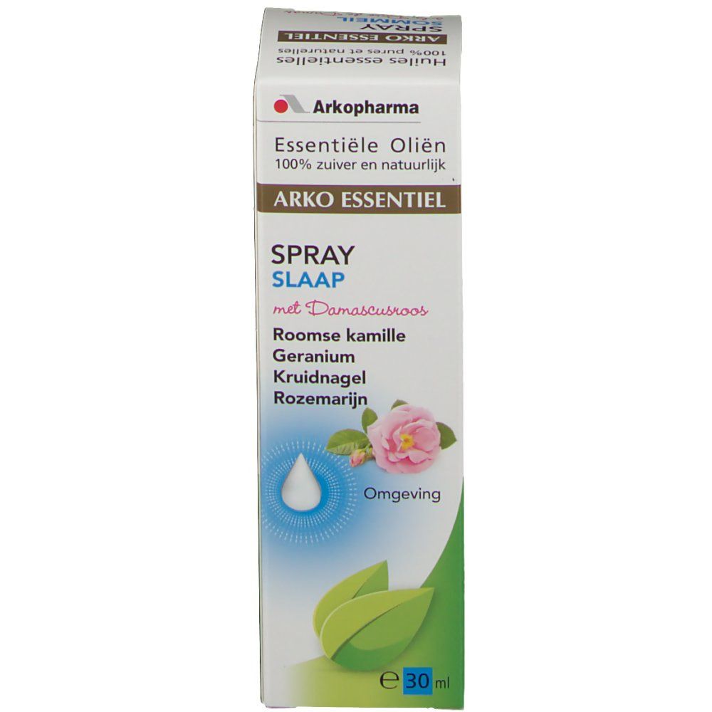 Kartonnen verpakking met productinformatie. Opschrift: ARKO ESSENIEL Spray Slaap. Illustratie van een roos en een druppel.