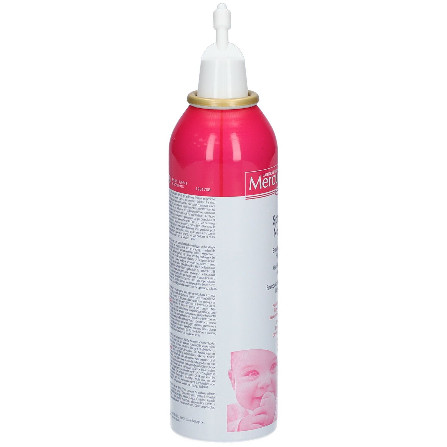 Flacon de spray nasal rose et blanc. Inscriptions et texte. Embout. Visage de bébé. Vue arrière.