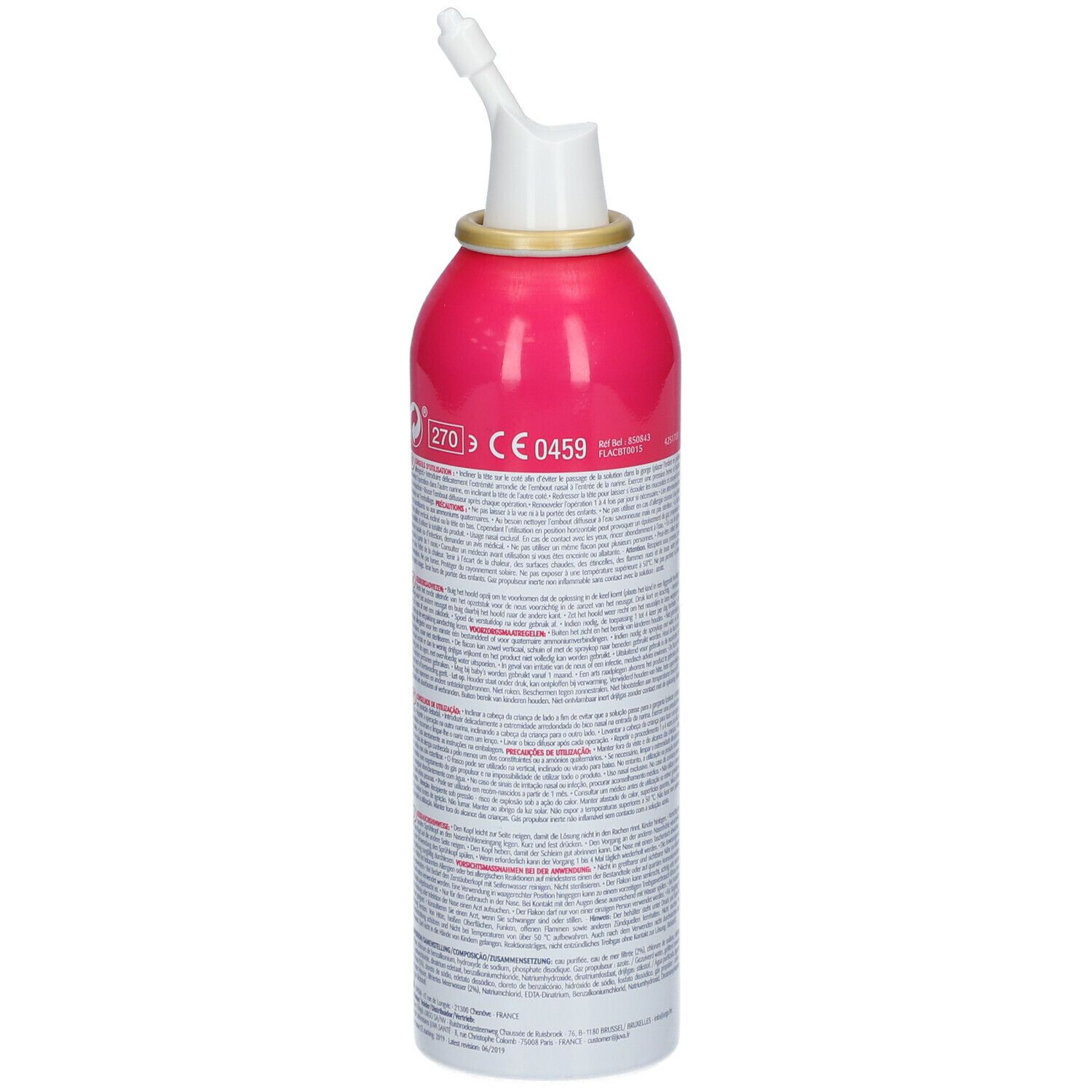 Flacon de spray nasal rose et blanc. Texte et inscriptions. Embout. Marquage CE. Vue arrière.