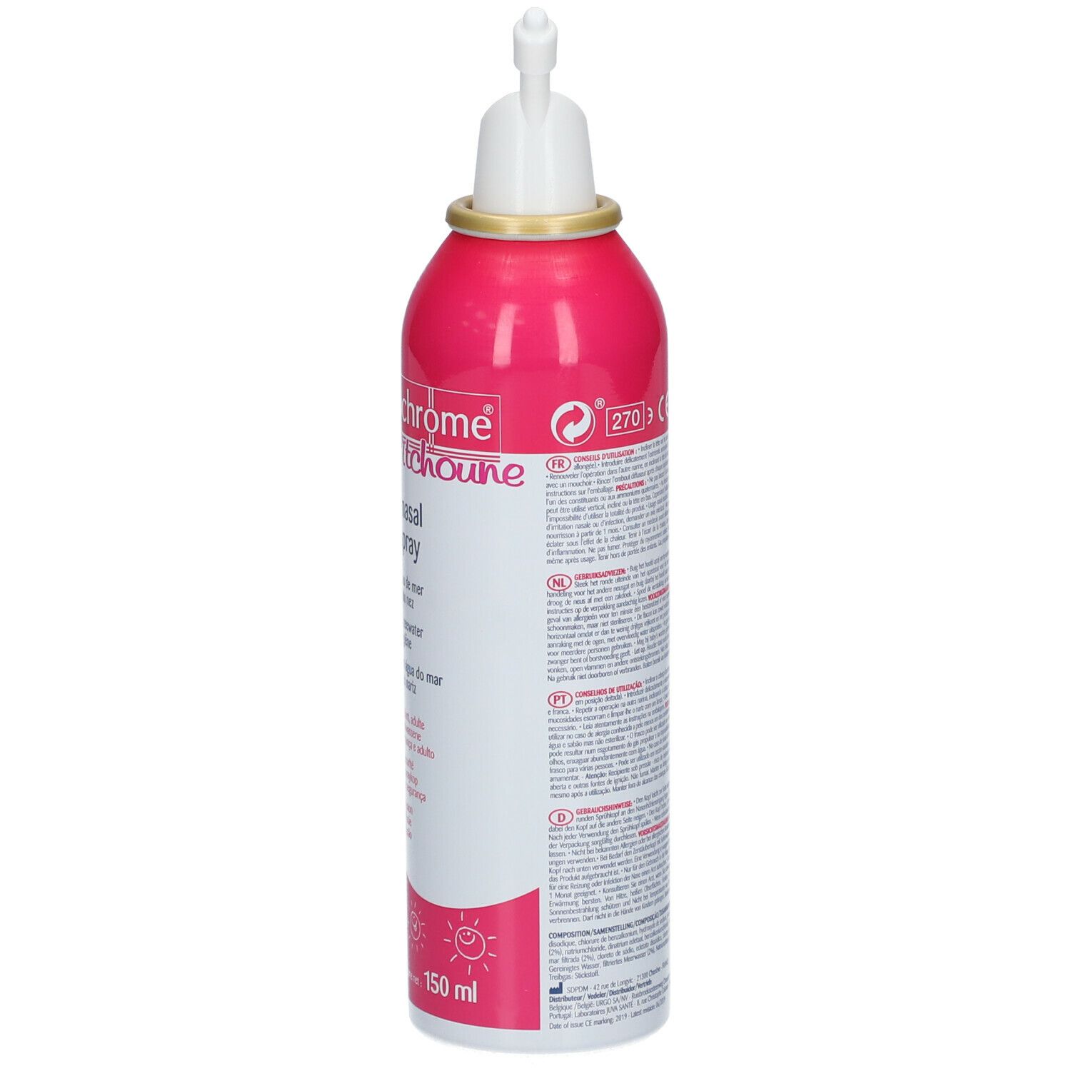 Flacon de spray nasal rose et blanc. Texte et inscriptions. Embout. Vue arrière.