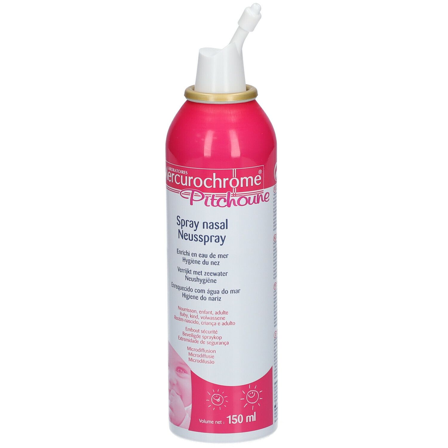 Flacon de spray nasal rose et blanc. Inscription : Mercurochrome Pitchoune Spray nasal. Avec embout. 150 ml.