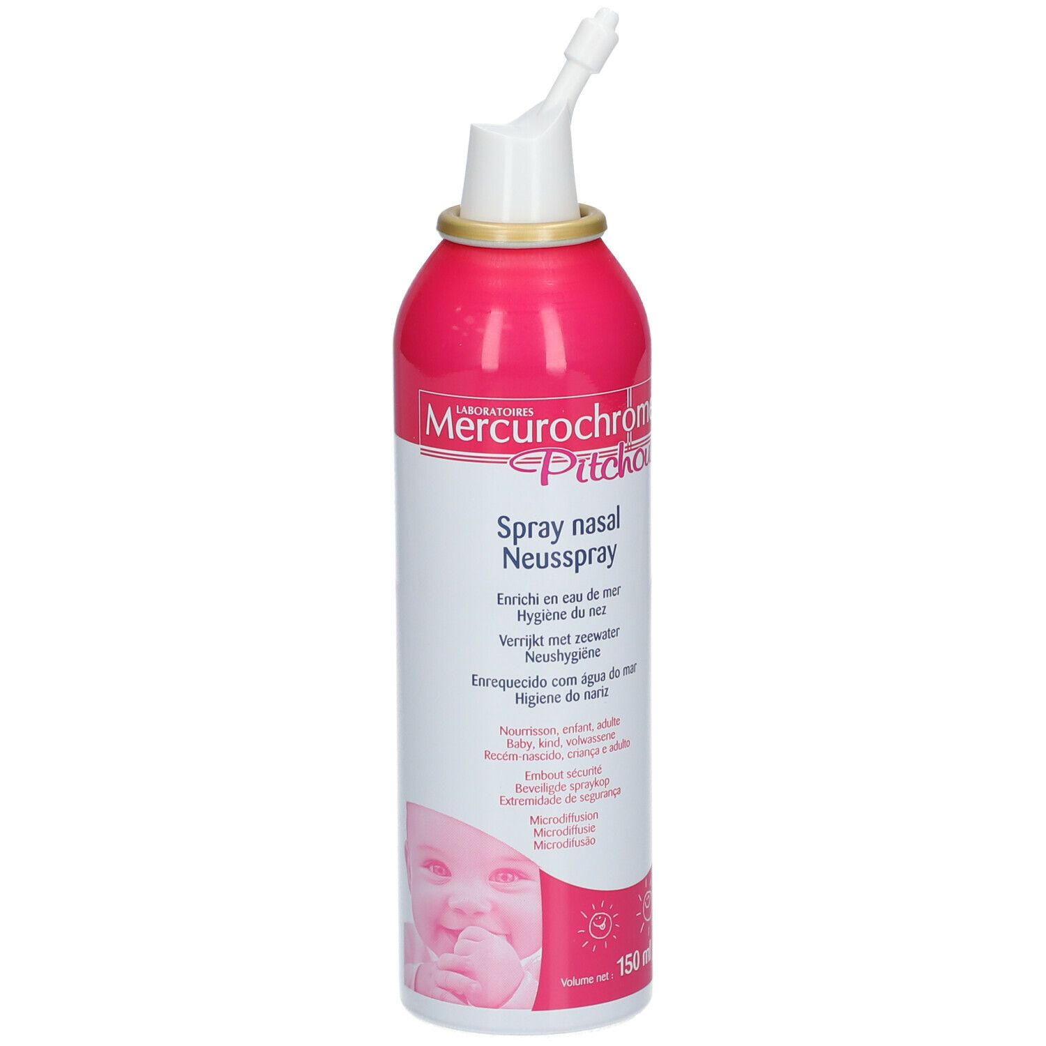 Flacon de spray nasal rose et blanc. Inscription : Mercurochrome Pitchoune Spray nasal. Avec embout. 150 ml.