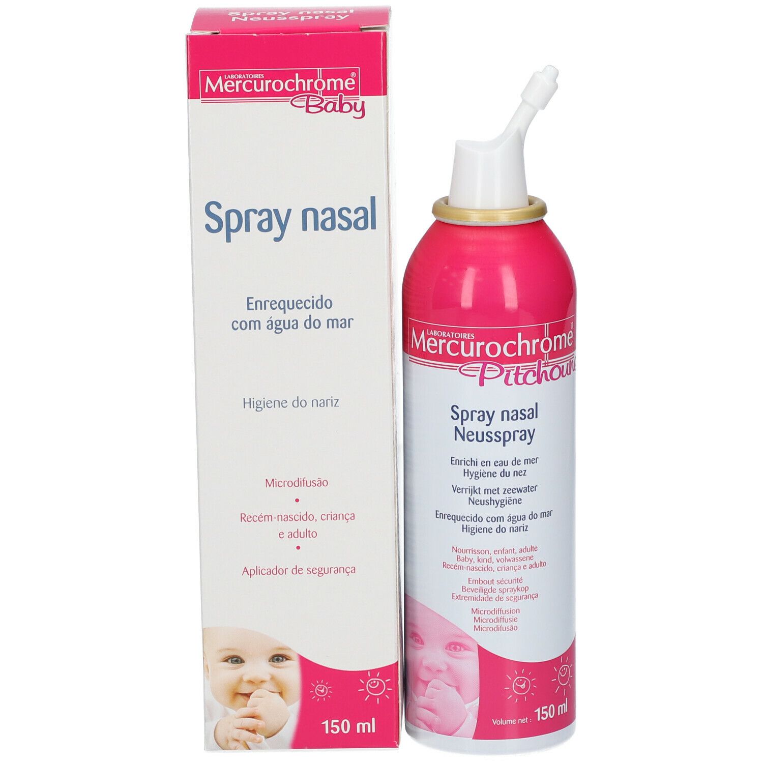 Flacon et boîte de spray nasal. Inscription : Mercurochrome Baby Spray nasal. 150 ml. Avec embout.