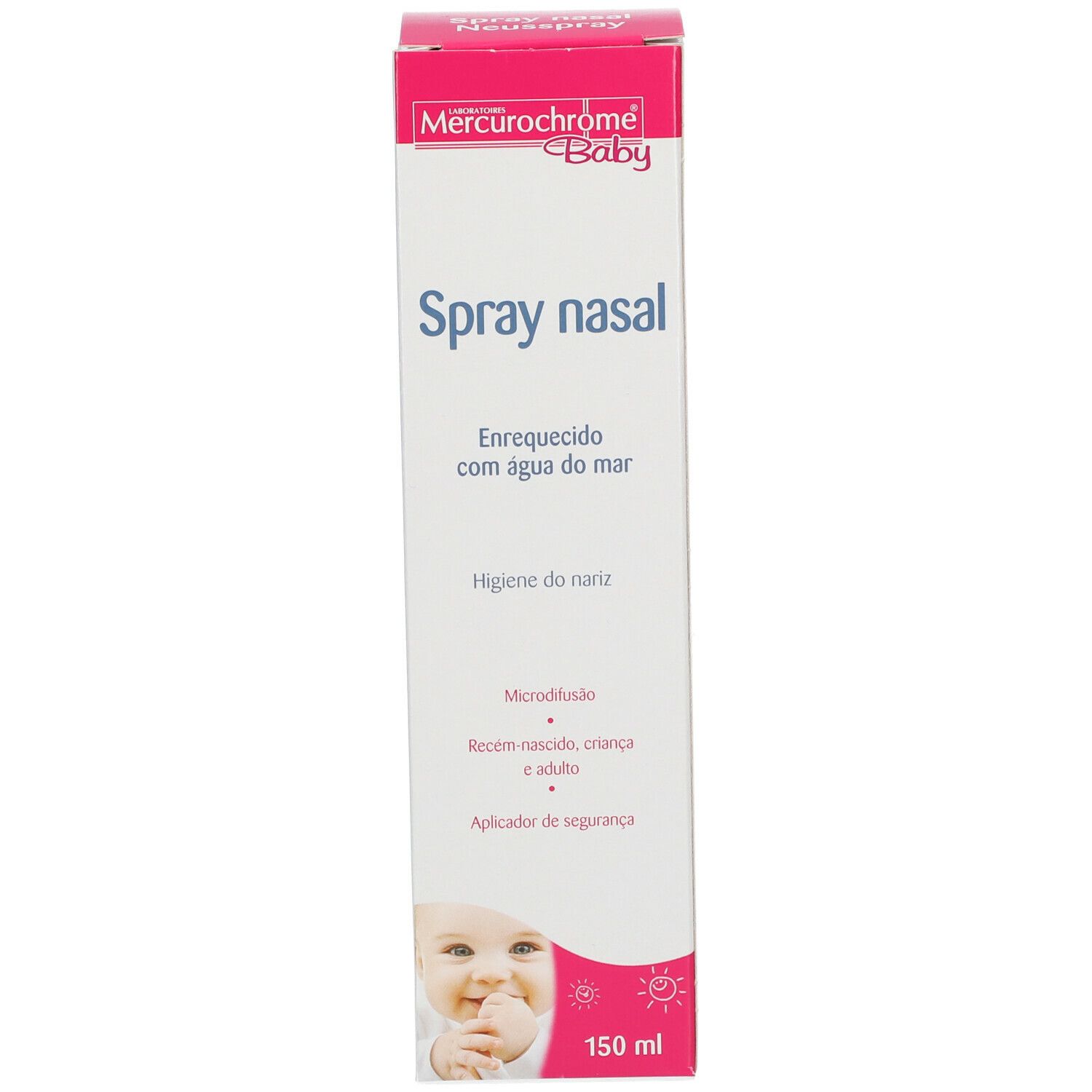 Boîte de spray nasal. Inscription : Mercurochrome Baby Spray nasal. 150 ml. Avec visage de bébé.