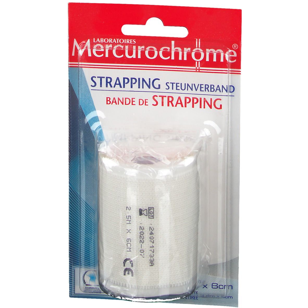 Emballage de bande de strapping blanche. Inscriptions : Mercurochrome, Strapping, Bande de Strapping. Marquage CE.
